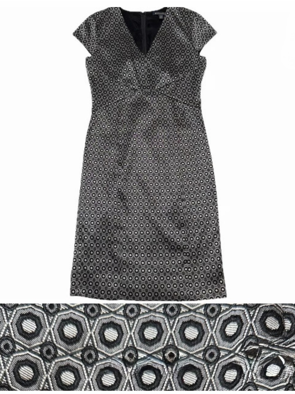 Brooks Brothers Black and Silver Jacquard Geometric Midi Dress